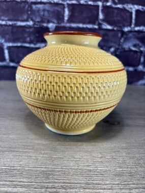 Vintage Textured Yellow Ceramic Pottery Vase with Brown Accents